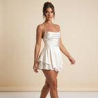 Mini Dress Women Satin Spaghetti Strap Cross Back Design - Evergreen Outfits- Women Mini Dress