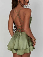 Mini Dress Women Satin Spaghetti Strap Cross Back Design - Evergreen Outfits- Women Mini Dress