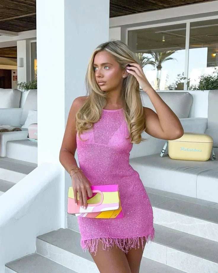 Mini Dress Women Sequin Sleeveless Fringe Hem Party - Evergreen Outfits - Women Mini Dress
