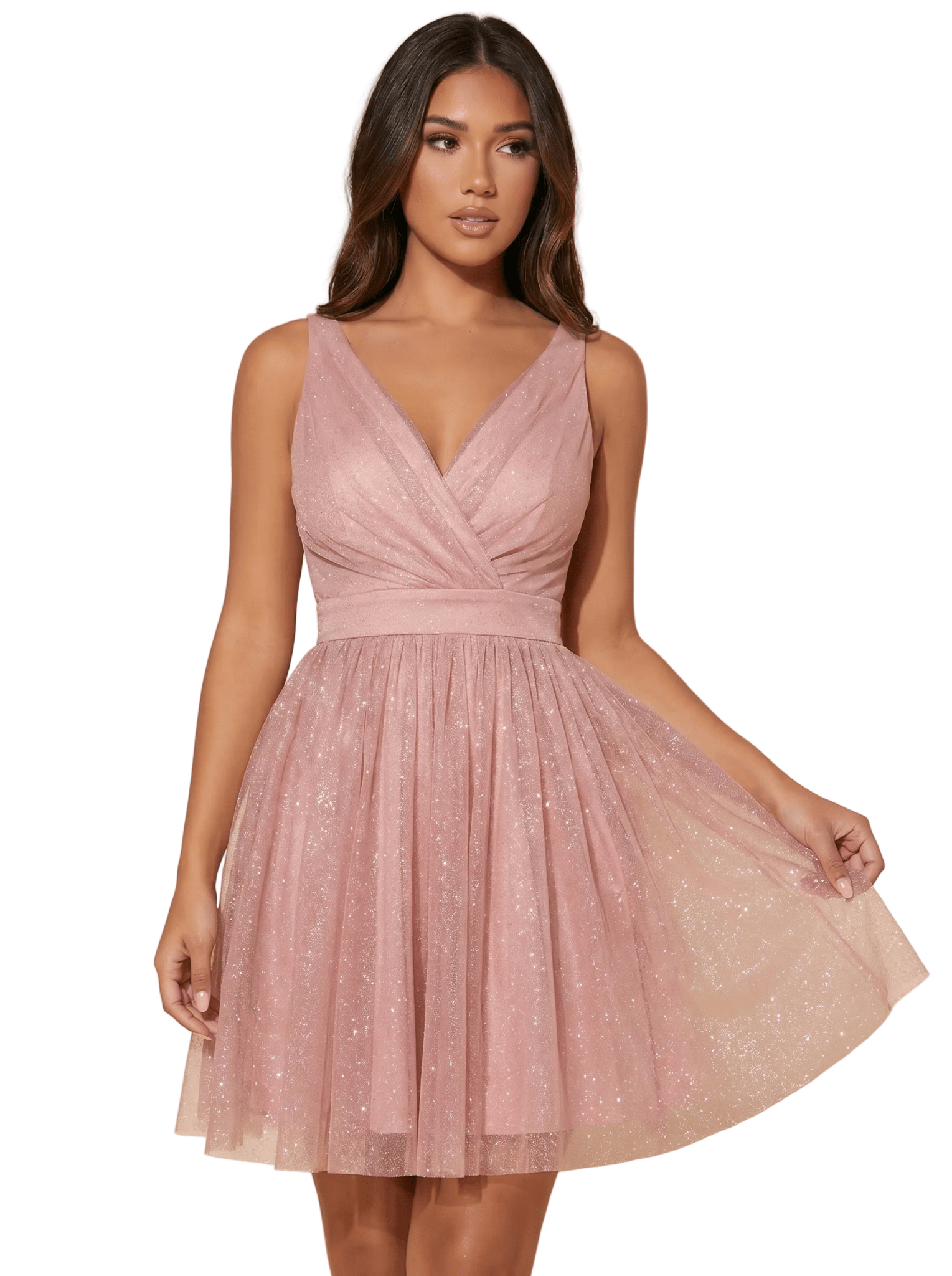 Mini Dress Women Sequin Sleeveless V-Neck Open Back - Evergreen Outfits- Women Mini Dress