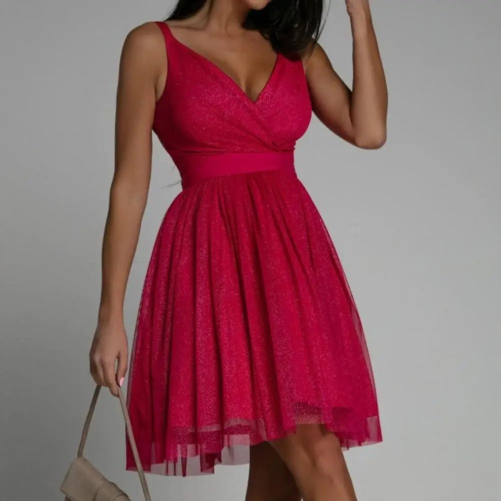 Mini Dress Women Sequin Sleeveless V-Neck Open Back - Evergreen Outfits- Women Mini Dress