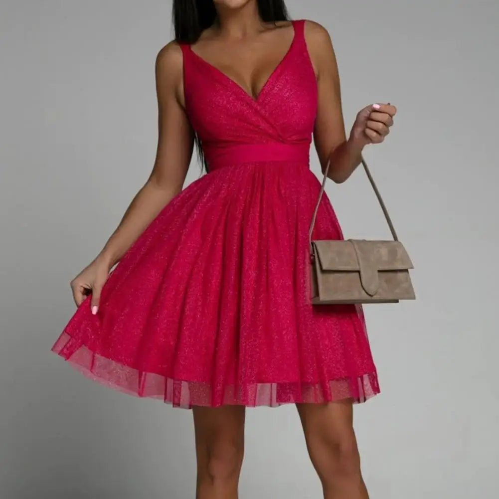Mini Dress Women Sequin Sleeveless V-Neck Open Back - Evergreen Outfits- Women Mini Dress