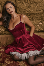 Mini Dress Women Velvet Bustier Spaghetti Strap Flared - Evergreen Outfits - Women Mini Dress