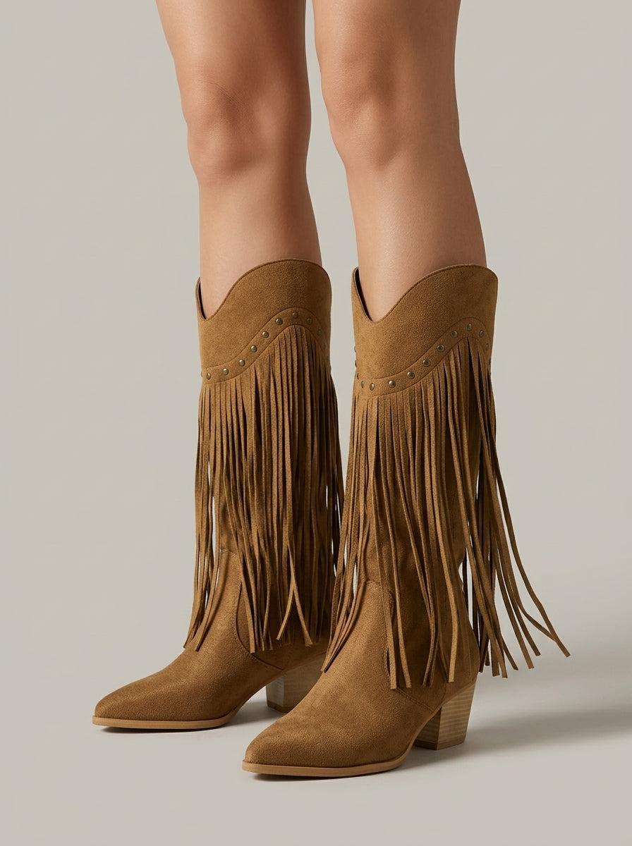 Women Boots | Knee-High Pointed Toe with Fringe and Stud Detail