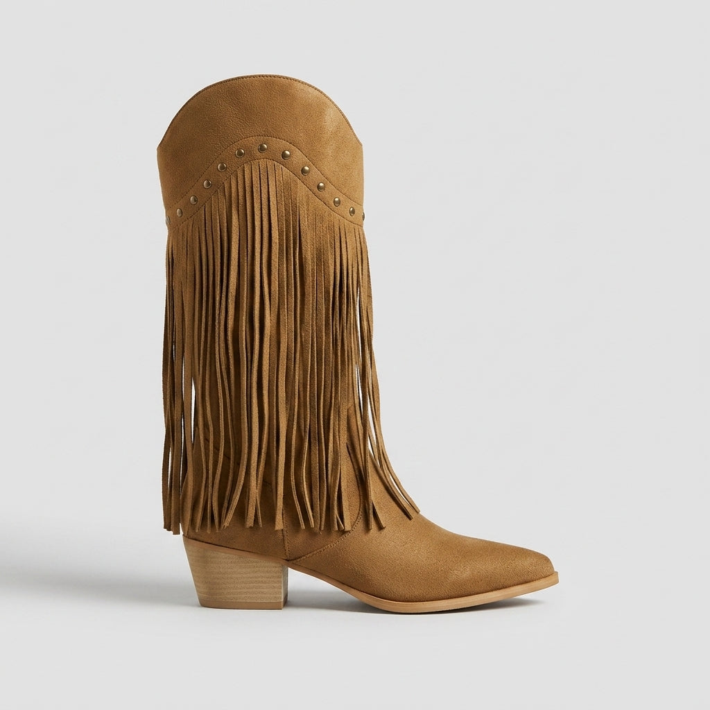 Women Boots | Knee-High Pointed Toe with Fringe and Stud Detail