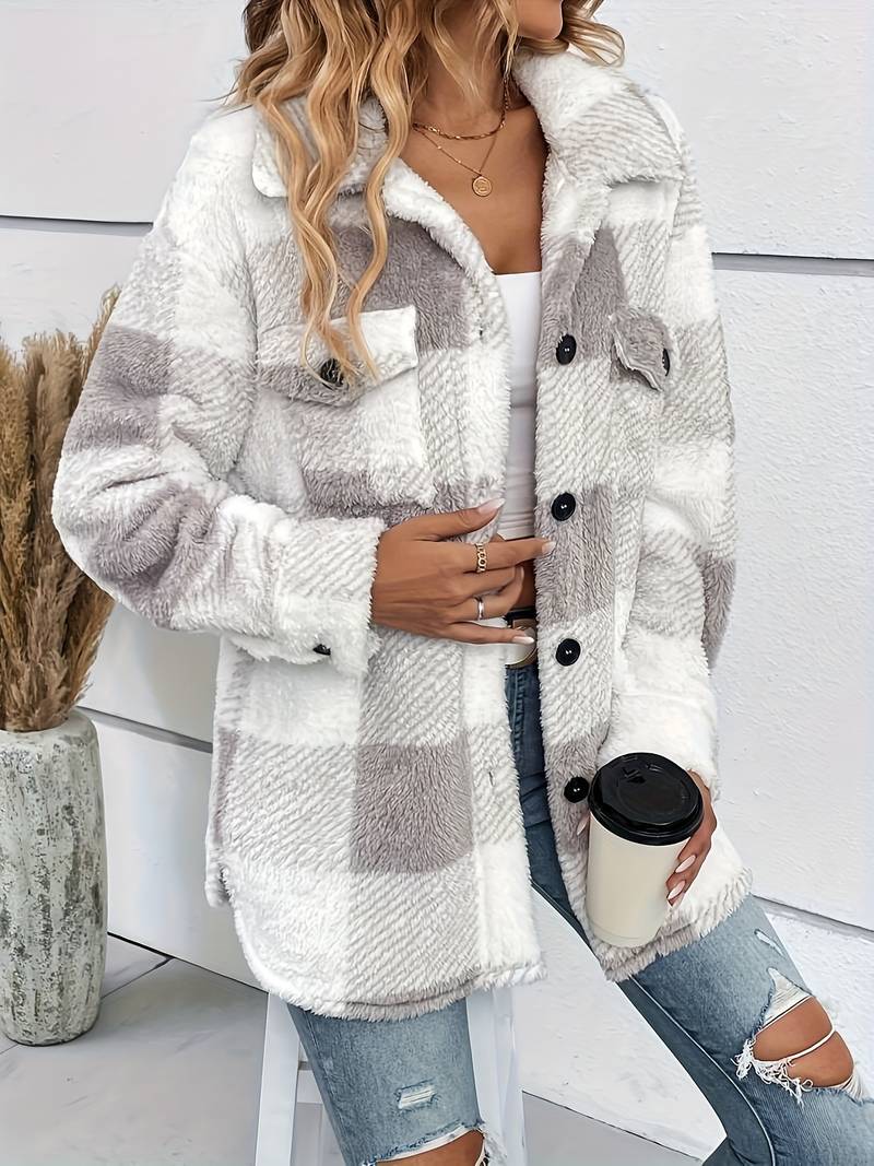 Women Jacket | Plaid Fleece with Button-Up Front Pockets