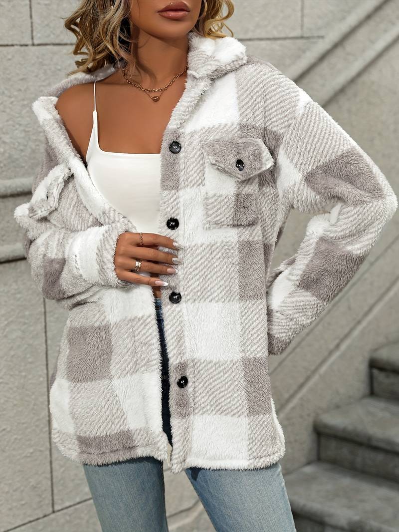 Women Jacket | Plaid Fleece with Button-Up Front Pockets