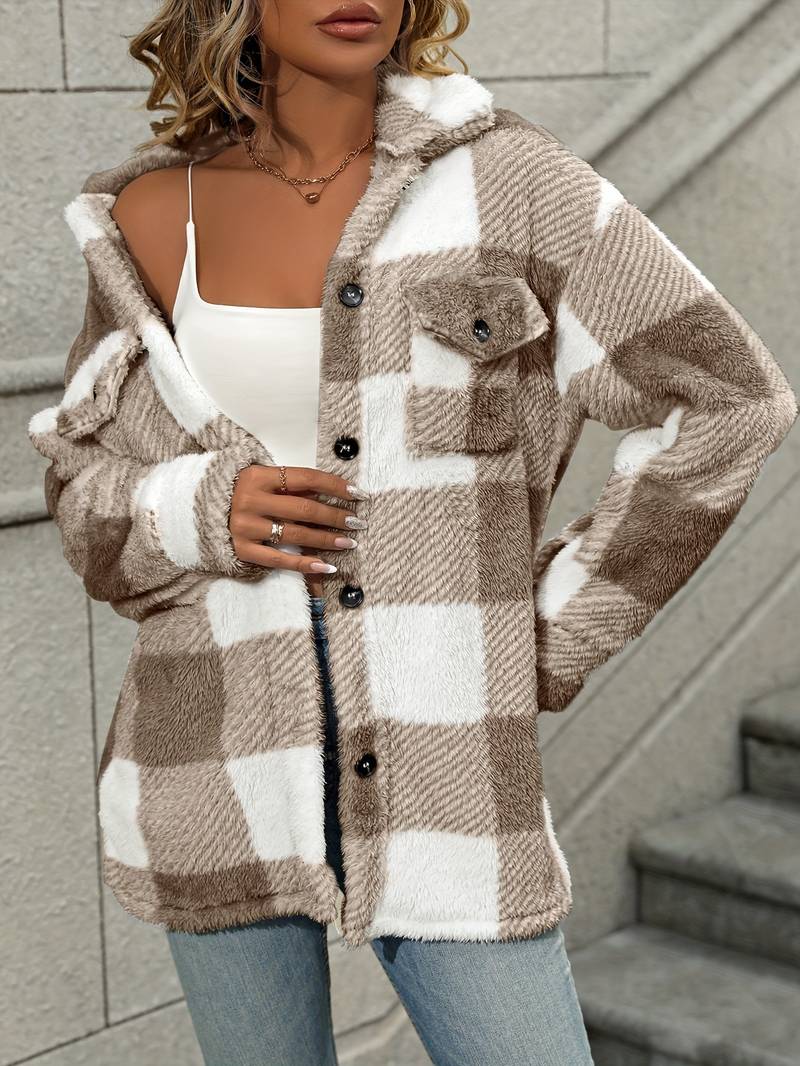 Women Jacket | Plaid Fleece with Button-Up Front Pockets
