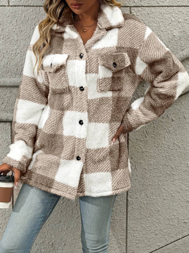 Women Jacket | Plaid Fleece with Button-Up Front Pockets