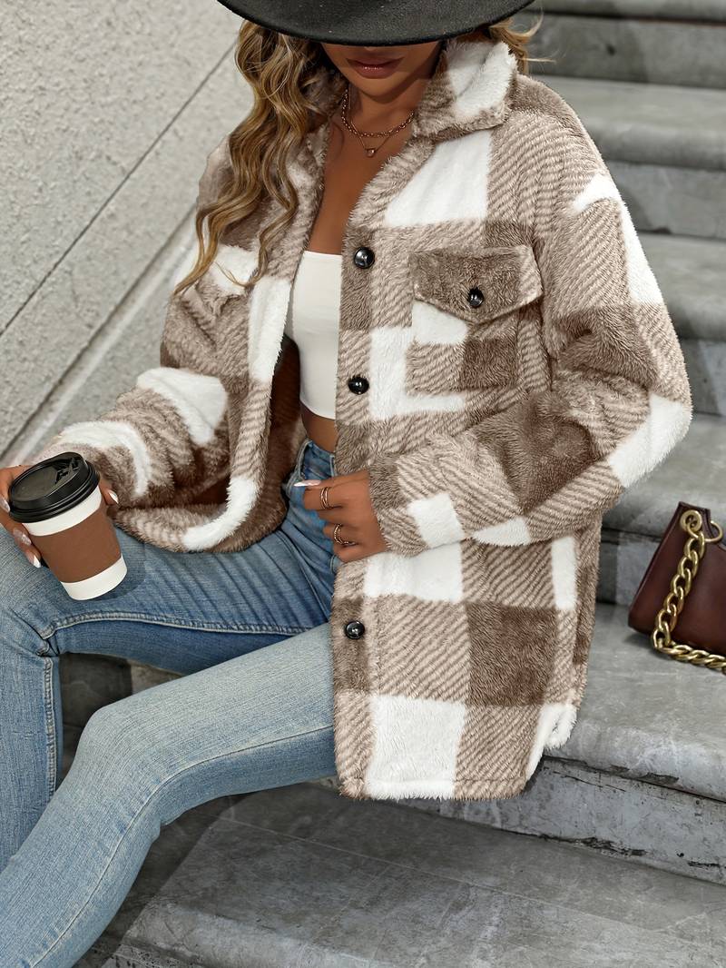 Women Jacket | Plaid Fleece with Button-Up Front Pockets