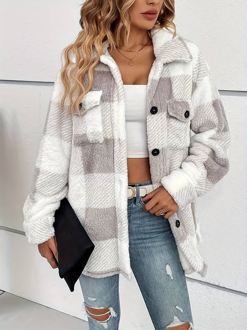 Women Jacket | Plaid Fleece with Button-Up Front Pockets
