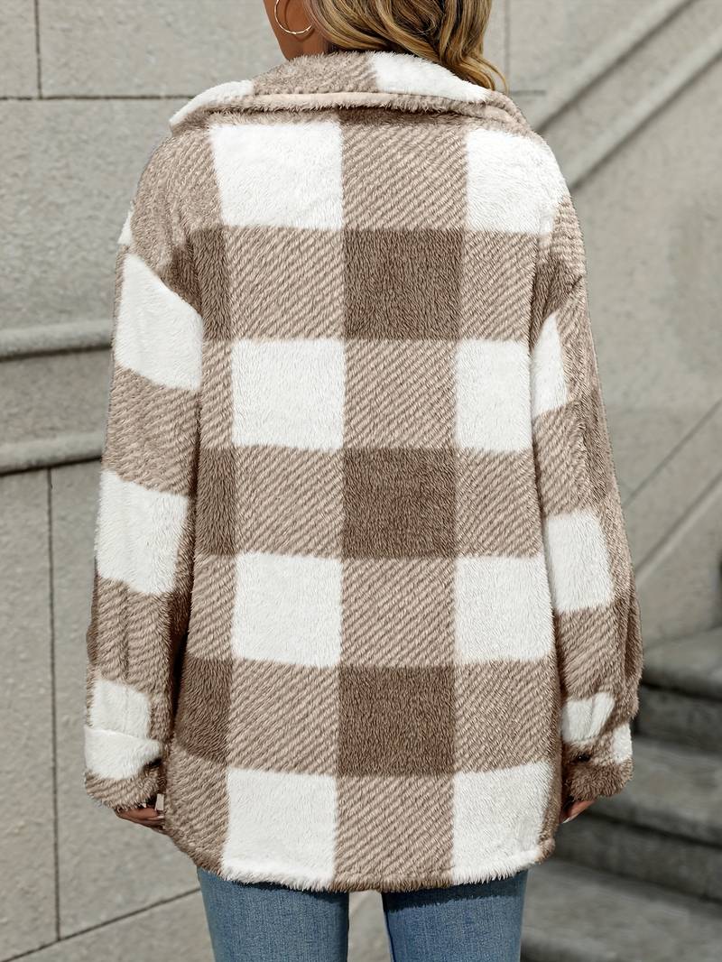 Women Jacket | Plaid Fleece with Button-Up Front Pockets