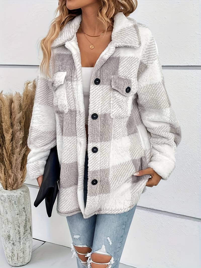 Women Jacket | Plaid Fleece with Button-Up Front Pockets