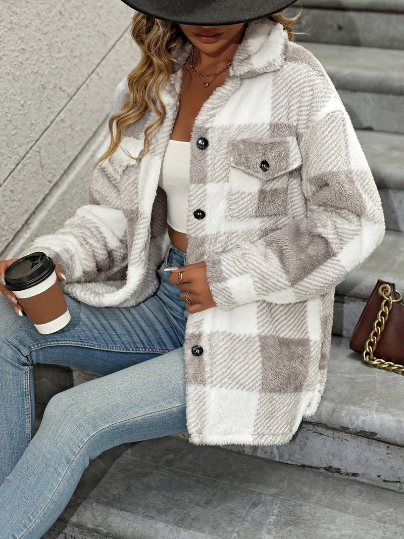 Women Jacket | Plaid Fleece with Button-Up Front Pockets