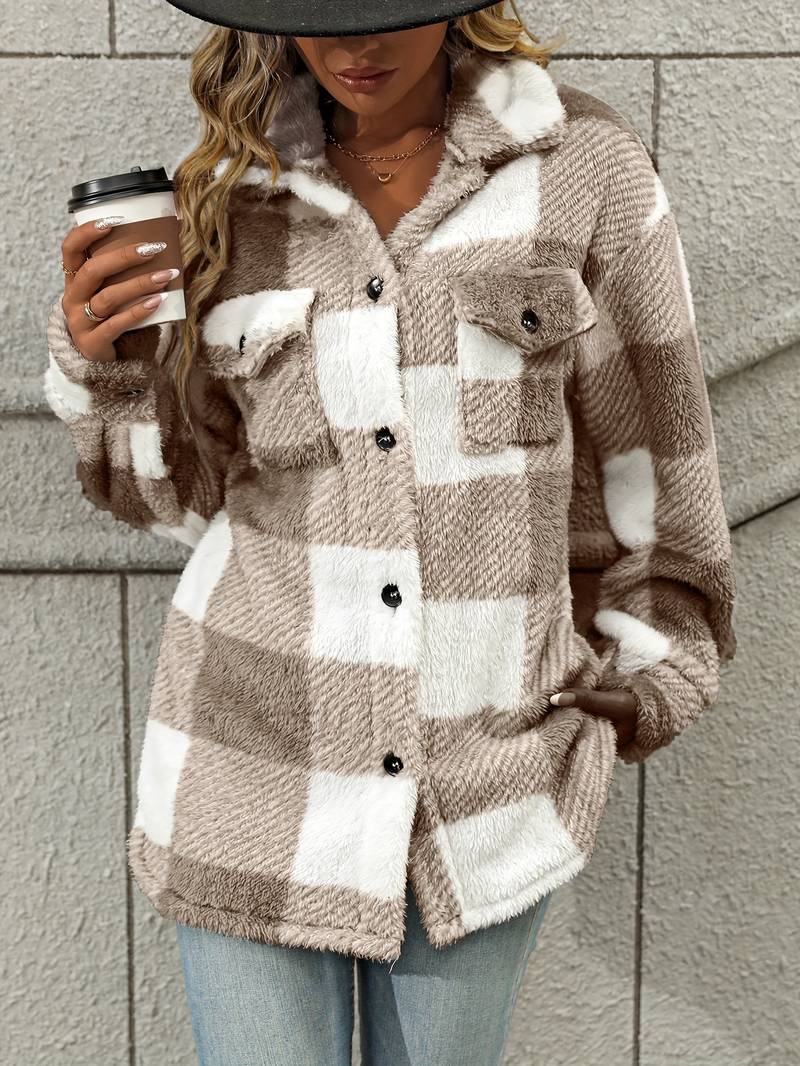 Women Jacket | Plaid Fleece with Button-Up Front Pockets
