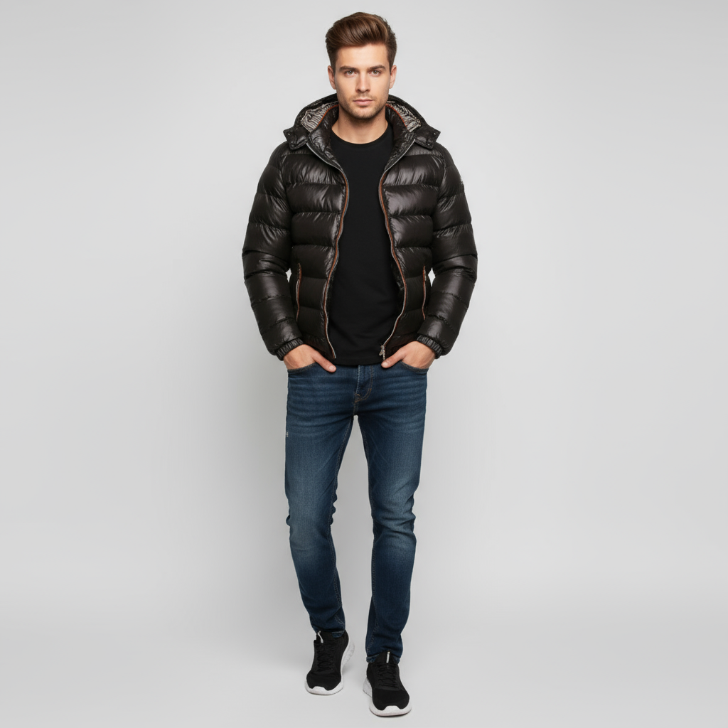 Men Jacket | Quilted Insulated Hood with Zip Snap Front