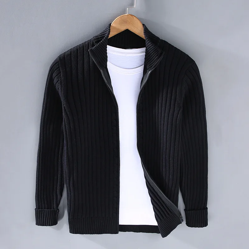 Men Cardigan | Full-Zip Relaxed Fit with Stand Collar