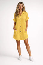 Shirt Dress Women Button Closure Short Sleeve Pockets - Evergreen Outfits- Women Midi Dress