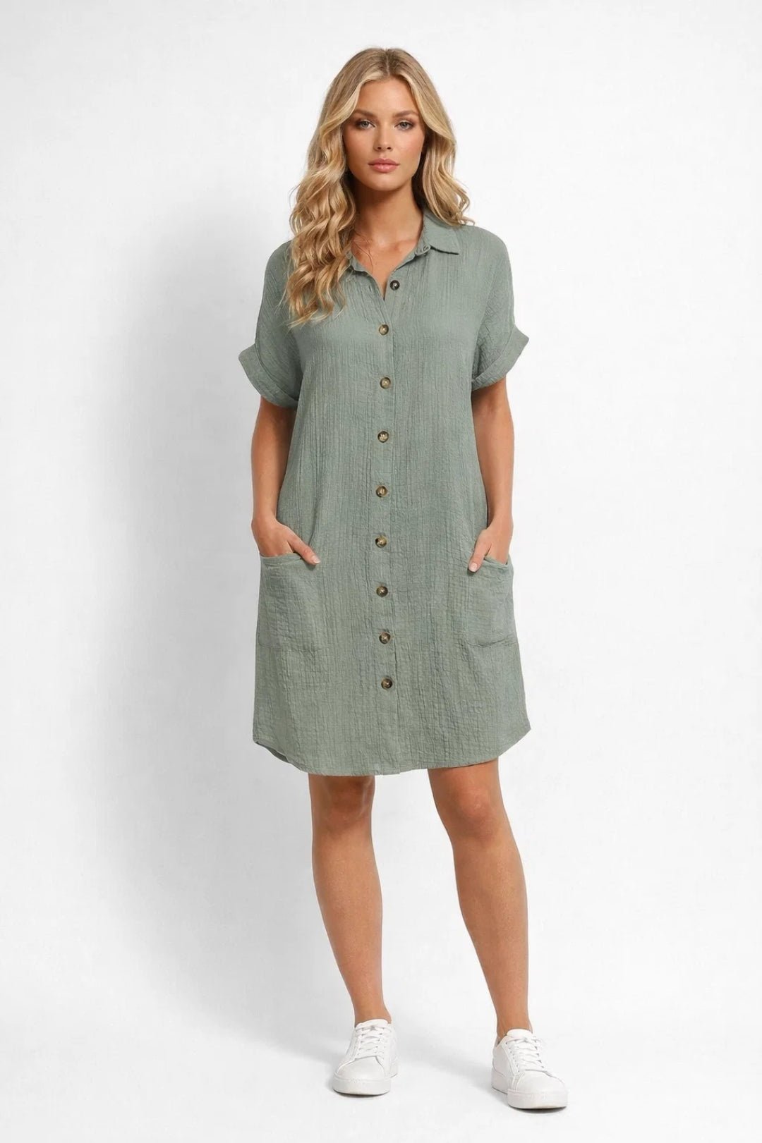 Shirt Dress Women Button Closure Short Sleeve Pockets - Evergreen Outfits- Women Midi Dress