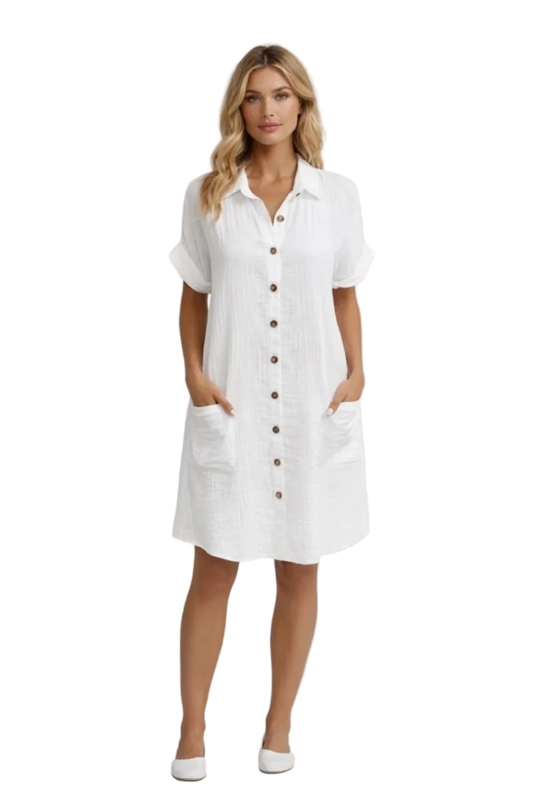 Shirt Dress Women Button Closure Short Sleeve Pockets - Evergreen Outfits- Women Midi Dress