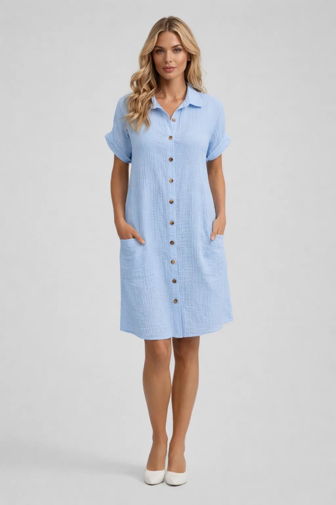 Shirt Dress Women Button Closure Short Sleeve Pockets - Evergreen Outfits- Women Midi Dress