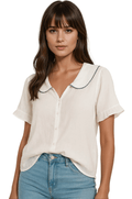 Shirt Women Doll Collar Button Closure Ruffle Sleeves - Evergreen Outfits - Women Top