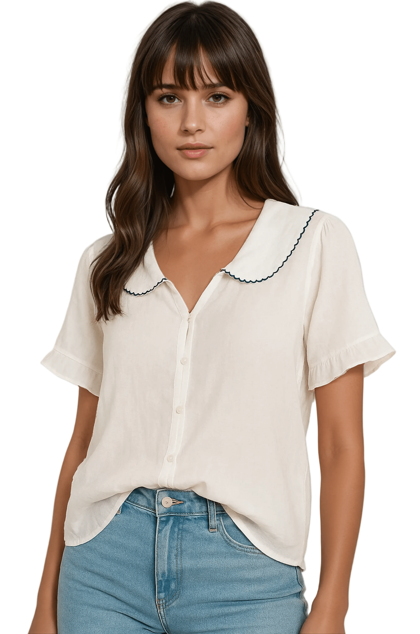 Shirt Women Doll Collar Button Closure Ruffle Sleeves - Evergreen Outfits - Women Top
