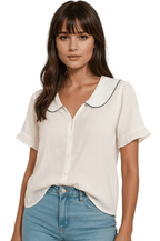Shirt Women Doll Collar Button Closure Ruffle Sleeves - Evergreen Outfits - Women Top