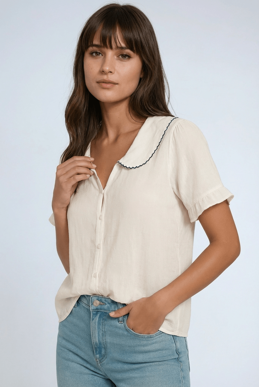 Shirt Women Doll Collar Button Closure Ruffle Sleeves - Evergreen Outfits - Women Top