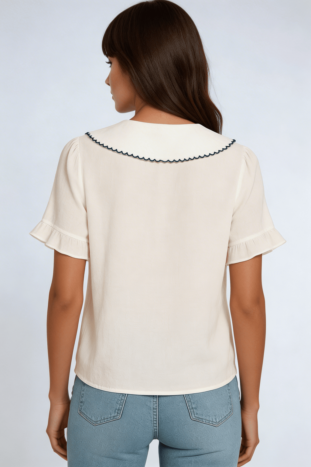 Shirt Women Doll Collar Button Closure Ruffle Sleeves - Evergreen Outfits - Women Top