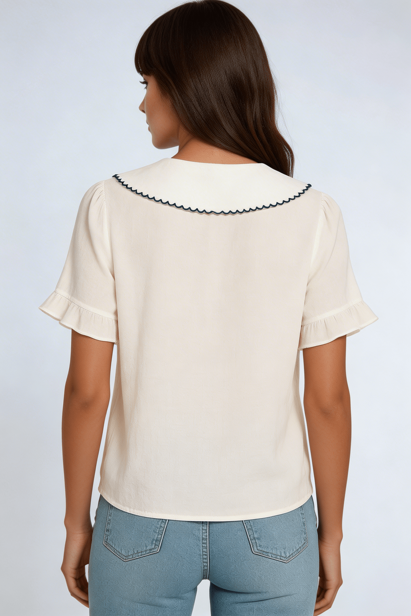 Shirt Women Doll Collar Button Closure Ruffle Sleeves - Evergreen Outfits - Women Top