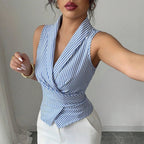 Shirt Women Sleeveless Lapel Striped Asymmetric Hem - Evergreen Outfits - Women Top