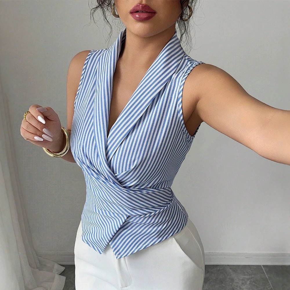Shirt Women Sleeveless Lapel Striped Asymmetric Hem - Evergreen Outfits - Women Top
