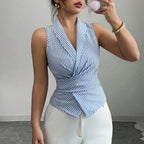 Shirt Women Sleeveless Lapel Striped Asymmetric Hem - Evergreen Outfits - Women Top
