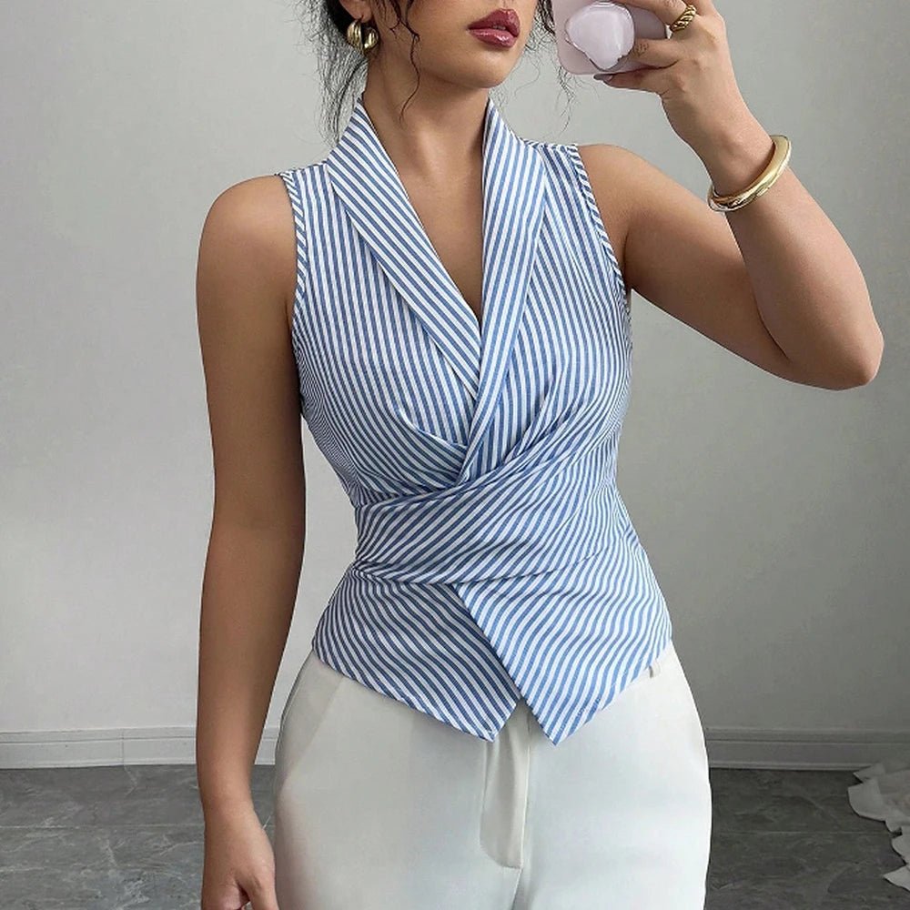 Shirt Women Sleeveless Lapel Striped Asymmetric Hem - Evergreen Outfits - Women Top