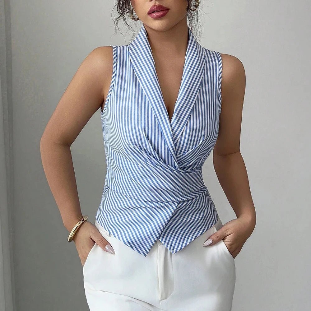 Shirt Women Sleeveless Lapel Striped Asymmetric Hem - Evergreen Outfits - Women Top