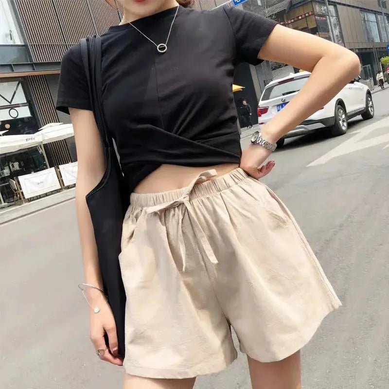 Shorts Women Linen High Waist Drawstring Relaxed Fit Cut - Evergreen Outfits - Women Short