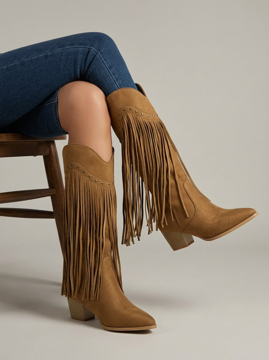 Women Boots | Knee-High Pointed Toe with Fringe and Stud Detail