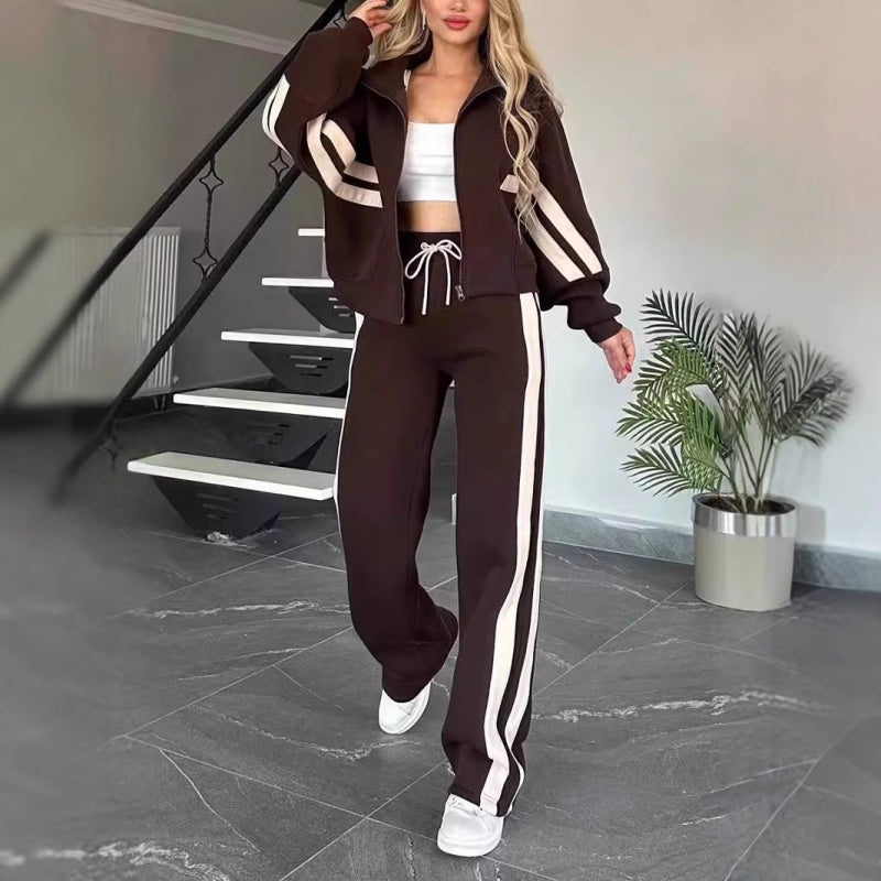 Women Set | Zip Jacket and Wide Leg Trousers with Stripes