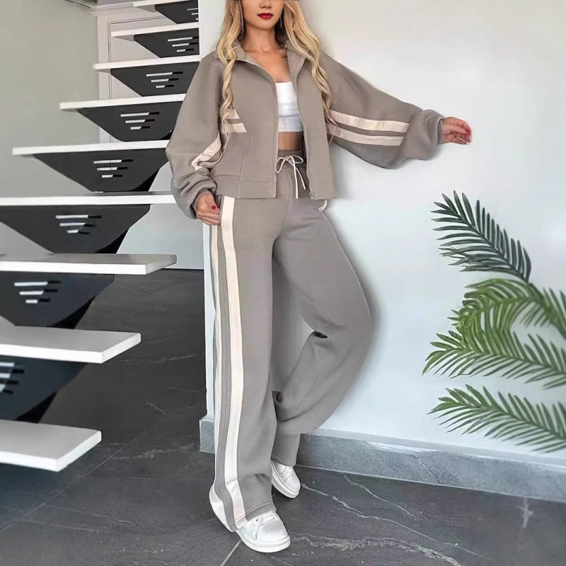Women Set | Zip Jacket and Wide Leg Trousers with Stripes