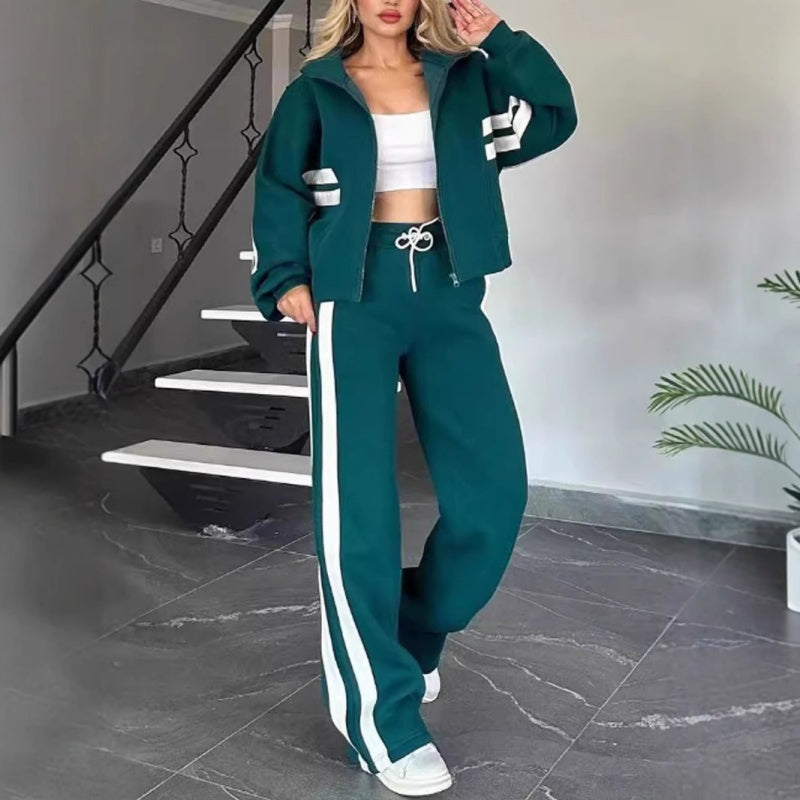 Women Set | Zip Jacket and Wide Leg Trousers with Stripes