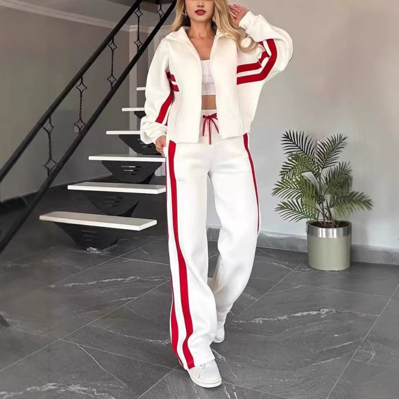 Women Set | Zip Jacket and Wide Leg Trousers with Stripes