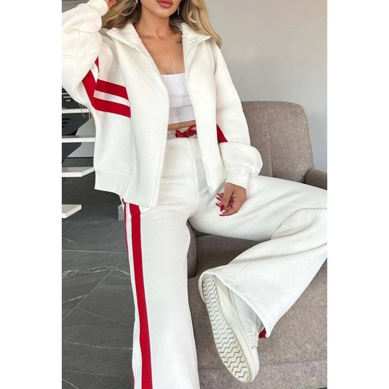 Women Set | Zip Jacket and Wide Leg Trousers with Stripes