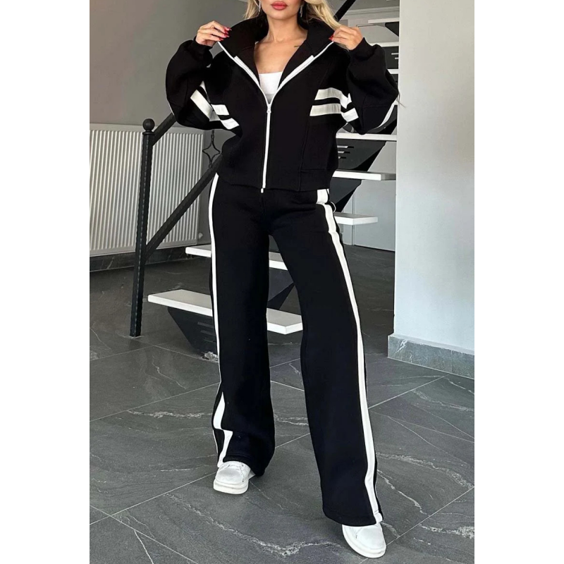 Women Set | Zip Jacket and Wide Leg Trousers with Stripes