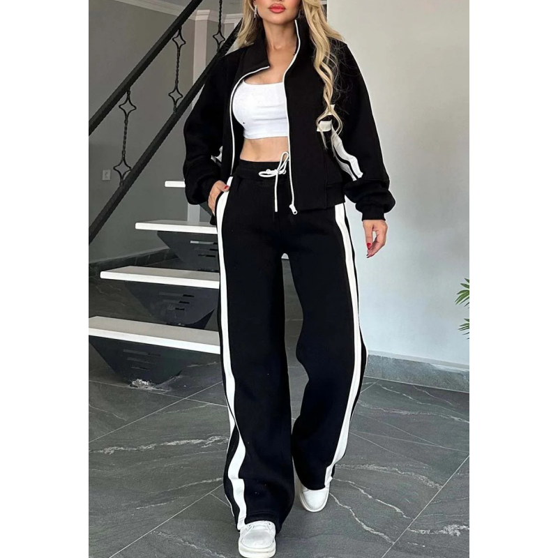 Women Set | Zip Jacket and Wide Leg Trousers with Stripes