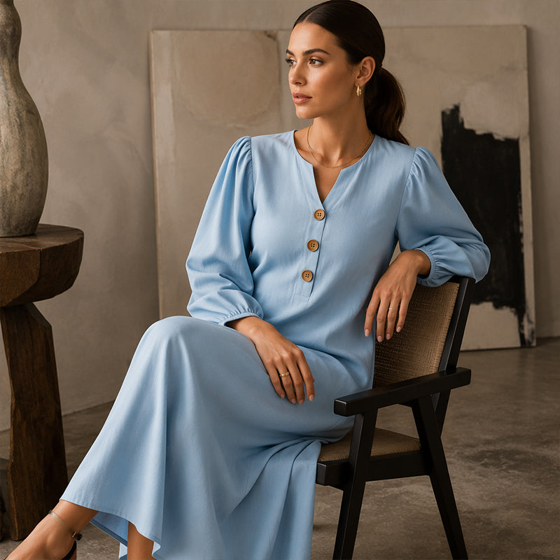 Women Dress | V-Neck Puff Sleeve Relaxed A-Line Maxi Fit