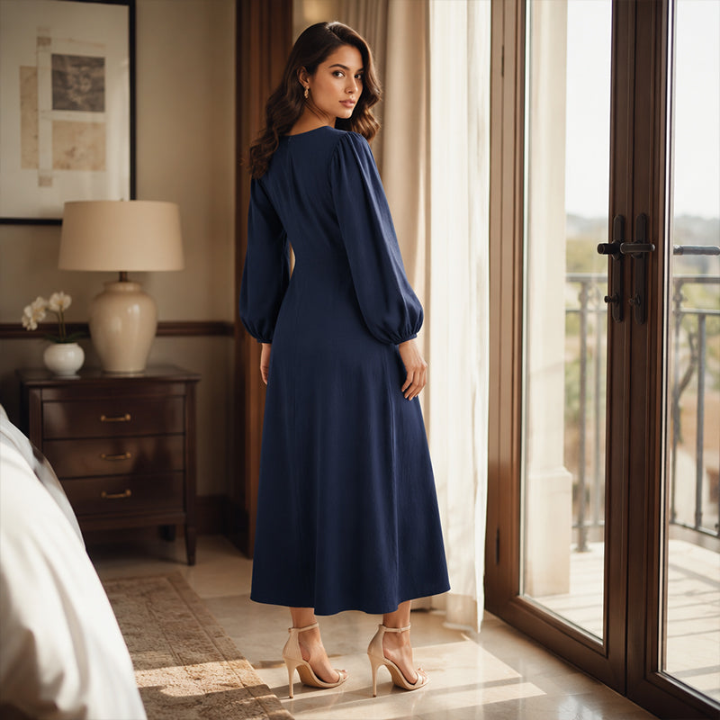 Women Dress | V-Neck Puff Sleeve Relaxed A-Line Maxi Fit