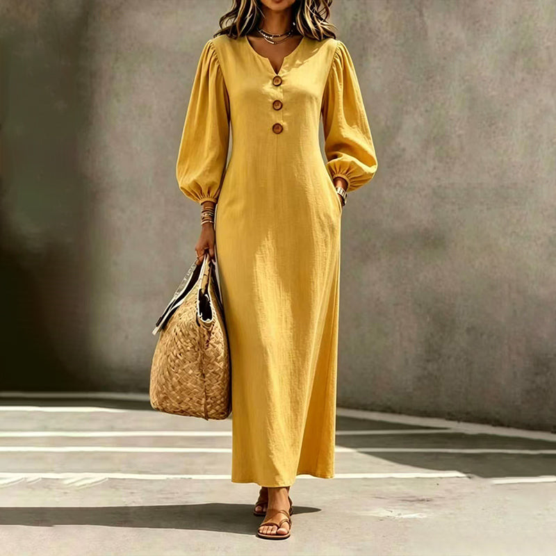 Women Dress | V-Neck Puff Sleeve Relaxed A-Line Maxi Fit