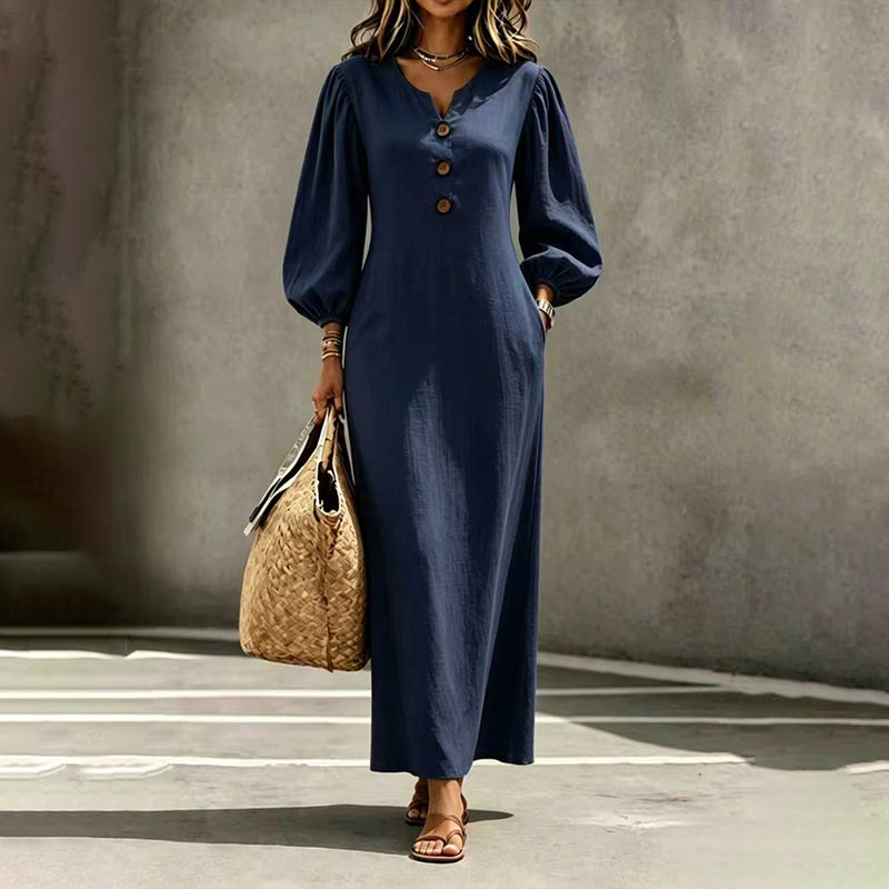Women Dress | V-Neck Puff Sleeve Relaxed A-Line Maxi Fit