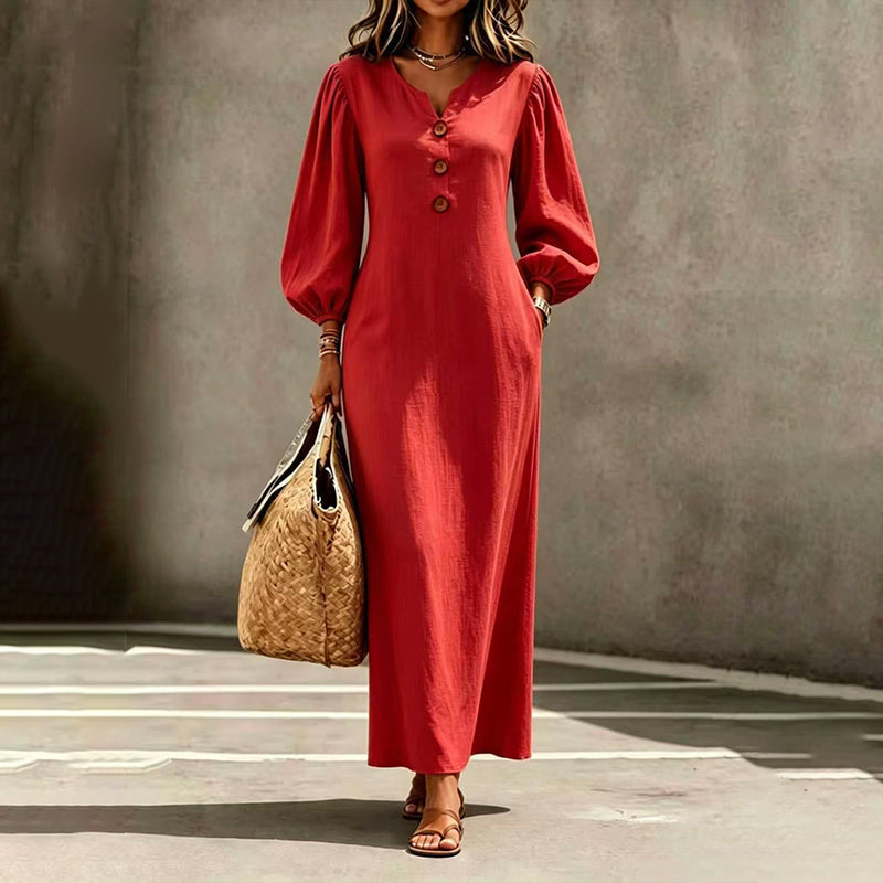Women Dress | V-Neck Puff Sleeve Relaxed A-Line Maxi Fit